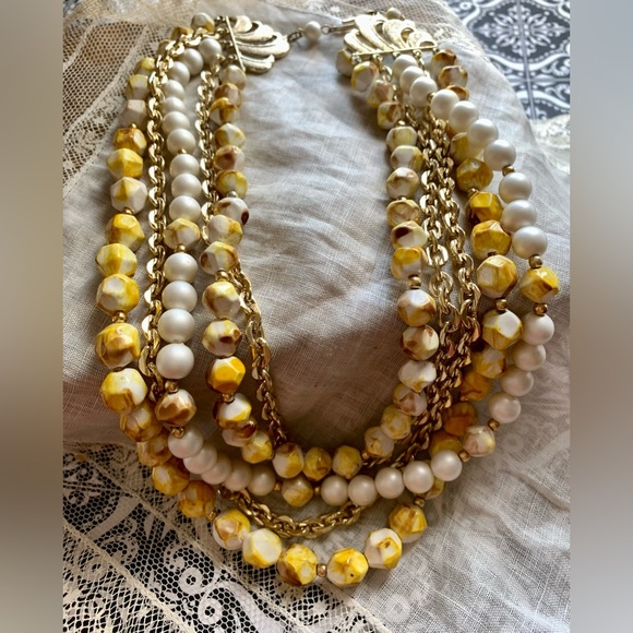 Hong Kong Jewelry - Vintage Hong Kong 5 Strand Faux Pearl & Marbled Yellow Tan Woman’s Necklace